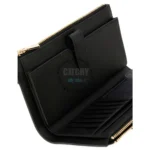 Black leather wallet with a gold zipper, opened to show card slots and multiple compartments inside.