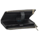Black leather wallet opened to show multiple card slots and compartments with gold zippers on the edges.