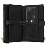 Open black wallet organizer showing card slots, ID window, and zip closures with gold accents.