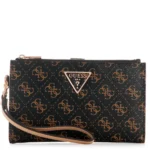 Black GUESS wristlet clutch with brown logo print, gold triangle GUESS logo, and tan strap.