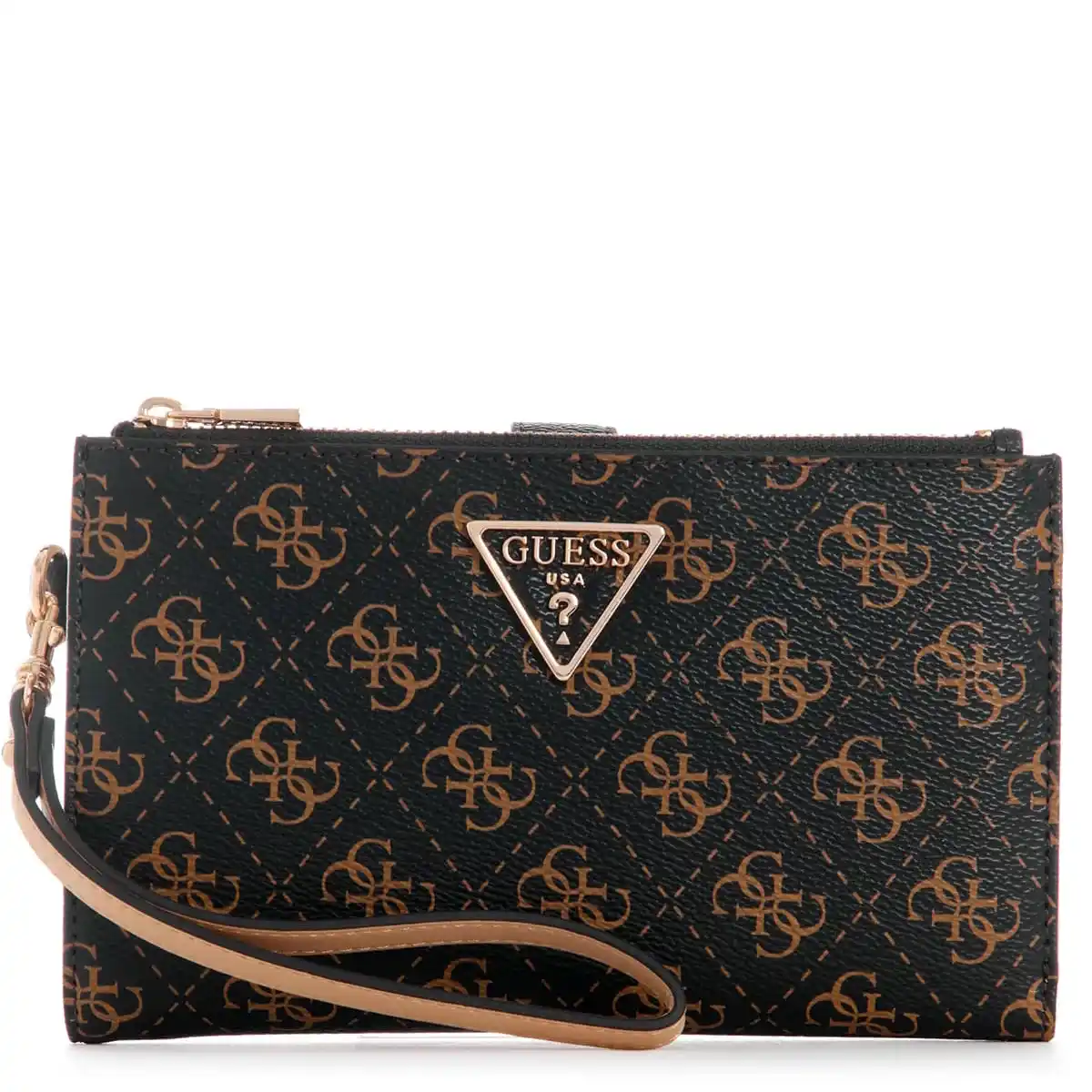 Black GUESS wristlet clutch with brown logo print, gold triangle GUESS logo, and tan strap.