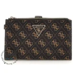 Black leather zip-around wallet with a gold GUESS monogram pattern and a triangular metal GUESS logo on the front