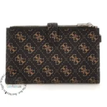 Black leather zip wallet with repeating gold monogram pattern throughout the surface.