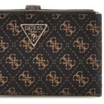 Close-up of a black Guess wallet with bronze interlocking logo pattern and a zip top, featuring a triangular Guess plaque