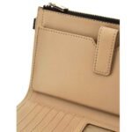 Tan leather phone case with built-in card slots and a strap tab, shown in close-up at the edge of the case.