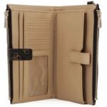 Beige leather zip-around wallet opened, showing multiple card slots, a clear ID window, and a strap tab.