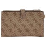 Brown textured wallet/clutch with a repeating logo pattern and a center tab closure
