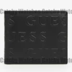 Black leather wallet with an allover embossed 'GUESS' logo pattern across the surface.”] ,