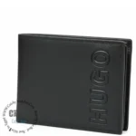 Black leather wallet with the word 'HUGO' embossed along the edge (vertical branding).