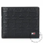 original-tommy-hilfiger-wallet-for-men-genuine-leather_2 Black leather wallet with a geometric embossed pattern and a small Tommy Hilfiger flag logo on the corner.