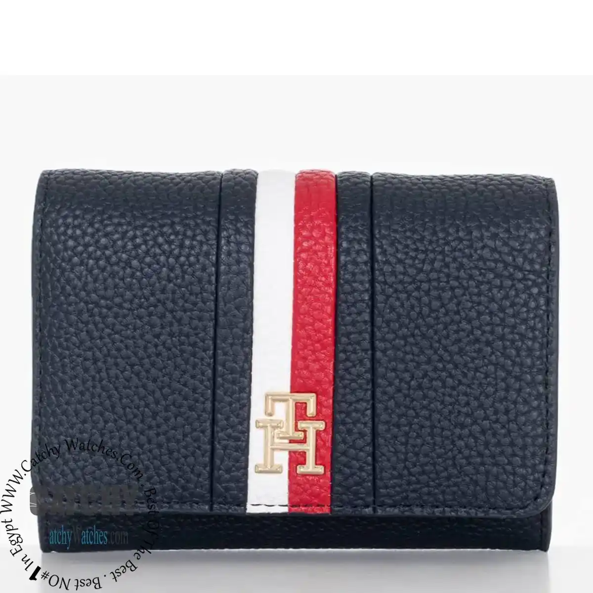 Navy pebbled leather wallet with white and red vertical stripes and a gold-tone TH logo in the center.