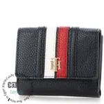 original-tommy-hilfiger-wallet-women-navy-blue-genuine-leather_3 Compact black pebbled leather wallet with white and red stripes and a gold TH logo.