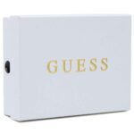 White binder with a gold GUESS logo on the front cover, seen from the side.