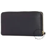 Black leather wallet with a gold zipper along the edge, closed and slim in design.
