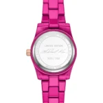 Back of a pink stainless steel Michael Kors watch with 'LIMITED EDITION' and 'XXX / 500' engravings and a signature,” "Close-up of the pink watch band and case back showing 'LIMITED EDITION' markings and signature","Pink Michael Kors wristwatch with metal link band; back case reads 'LIMITED EDITION' and 'XXX/500'","Product image: pink bracelet watch highlighting limited edition serial number on the back","Rear view of a pink Michael Kors wristwatch with a rose-gold crown and engraved back