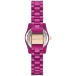 Back view of a purple pink Michael Kors watch, showing the rose-gold clasp engraved with 'MICHAEL KORS' and the linked band.