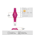 Pink stainless steel watch with 26mm case, 14mm strap width, and 8mm case thickness shown next to a ruler and card for scale.