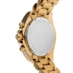 Back view of a gold-tone stainless steel wristwatch with a linked bracelet and its round metal case back visible, crown and pushers on the side