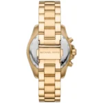 Gold-tone Michael Kors wristwatch viewed from the back, showing the metal link bracelet and clasp engraved with MICHAEL KORS