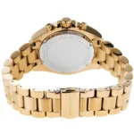 Gold-tone Michael Kors watch shown from the back, with a metal link bracelet and clasp detail on the band.
