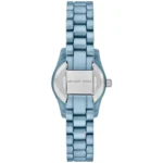 Rear view of a blue metal link wristwatch with a stainless steel clasp engraved 'MICHAEL KORS'