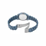 Blue metal link watch band with a fold-over clasp, shown laid flat with the clasp open.