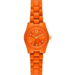 Orange Michael Kors women's watch with crystal hour markers and gold-tone hands.