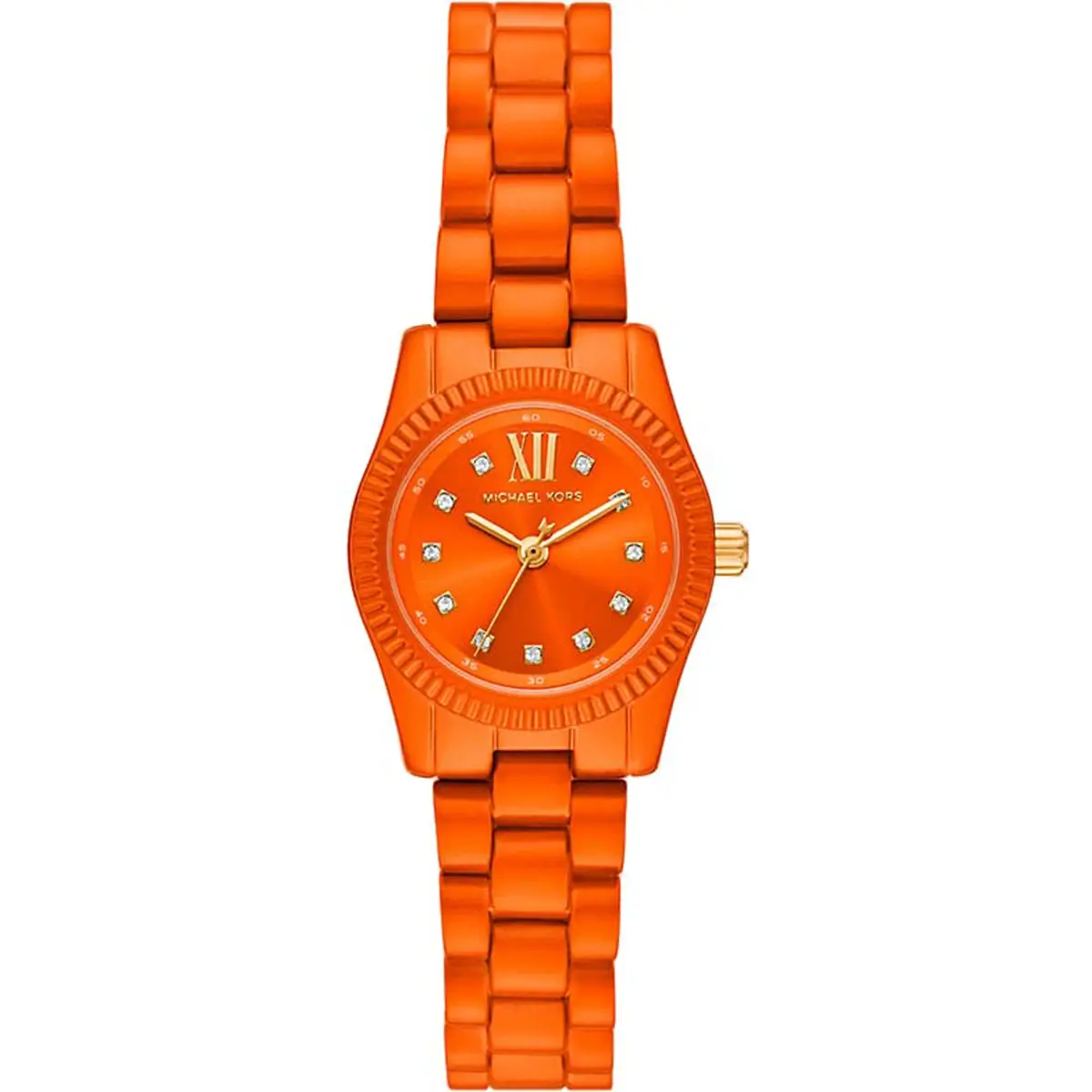 Orange Michael Kors women's watch with crystal hour markers and gold-tone hands.