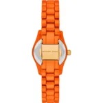 Orange Michael Kors wristwatch with a gold-tone clasp, rear view showing the engraved brand name on the clasp and a linked metal bracelet.