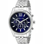mk8280-michael-kors-watch-men-blue-dial-metal-stainless-steel-silver-strap-quartz-battery-analog-chronograph-lexington_2 Stainless steel Michael Kors chronograph watch with a blue dial and date window on a linked band.