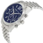 mk8280-michael-kors-watch-men-blue-dial-metal-stainless-steel-silver-strap-quartz-battery-analog-chronograph-lexington_4 Michael Kors silver-tone chronograph watch with a blue dial and three subdials.