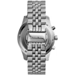 mk8280-michael-kors-watch-men-blue-dial-metal-stainless-steel-silver-strap-quartz-battery-analog-chronograph-lexington_6 Back view of a silver Michael Kors wristwatch with a metal link bracelet and a clasp stamped 'MICHAEL KORS'.