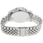 mk8280-michael-kors-watch-men-blue-dial-metal-stainless-steel-silver-strap-quartz-battery-analog-chronograph-lexington_7 Stainless steel wristwatch shown from the back with a linked bracelet and folding clasp