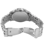 mk8280-michael-kors-watch-men-blue-dial-metal-stainless-steel-silver-strap-quartz-battery-analog-chronograph-lexington_8 Back view of a stainless steel wristwatch with a metal link bracelet, showing the closed fold-over clasp opened outward.