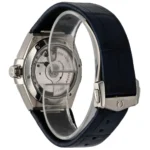 Omega wristwatch with a transparent case back showing the mechanical movement and rotor under a blue strap