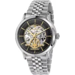 Skeleton dial wristwatch with gold Maserati logo and visible gears, silver case and bracelet