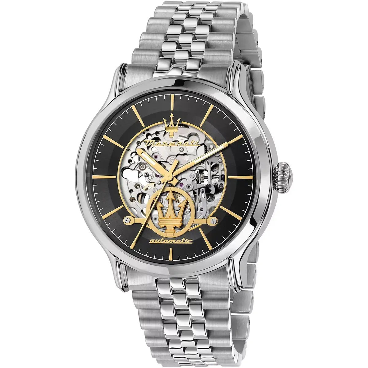 Skeleton dial wristwatch with gold Maserati logo and visible gears, silver case and bracelet