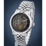 Maserati automatic skeleton wristwatch with a silver stainless steel bracelet and gold hour markers, showing internal gears.