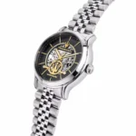 Maserati skeleton wristwatch with black dial, gold accents, and a silver metal bracelet.