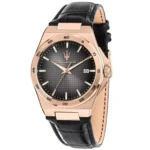 r8851153001-original-maserati-watch-men-black-dial-leather-strap Rose gold wristwatch with a black textured dial, date window at 3 o'clock, and black leather strap, upscale style