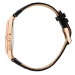 r8851153001-original-maserati-watch-men-black-dial-leather-strap_3 Side view of a rose-gold wristwatch with a black leather strap and visible crown on the left side.