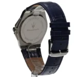 Maserati wristwatch with a dark blue leather strap and a stainless steel back engraved with the Maserati logo and 'Italian Design'.