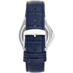 Rear view of a silver wristwatch with a dark blue crocodile-embossed leather strap and metal buckle. The strap shows multiple holes for sizing.