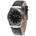 Stainless steel wristwatch with a black textured dial, silver hour markers, and a black leather strap.