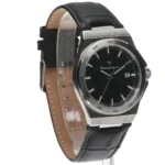Maserati men's wristwatch with a black textured dial, stainless steel case, and black leather strap (date display at 3 o'clock).
