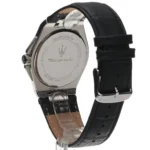 Back view of a Maserati wristwatch with a stainless steel case, black leather strap, and engraved brand and 'Italian Design' on the case back