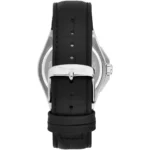 Back view of a silver watch with a black leather strap and stitched edges, showing the pin buckle fastened.