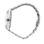 r8853142005-maserati-watch-men-silver-dial-metal-stainless-steel-strap-quartz-battery-analog-three-hand-100m-330ft-stile_3 Side view of a silver stainless steel wristwatch with a linked bracelet and crown on the case.