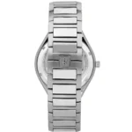 r8853142005-maserati-watch-men-silver-dial-metal-stainless-steel-strap-quartz-battery-analog-three-hand-100m-330ft-stile_4 Close-up of a silver stainless steel watch band with a Maserati emblem on the clasp, viewed from the back
