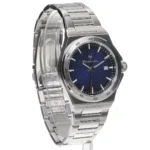 Stainless steel wristwatch with a dark blue textured dial and date window at 3 o'clock, metal bracelet visible from the side
